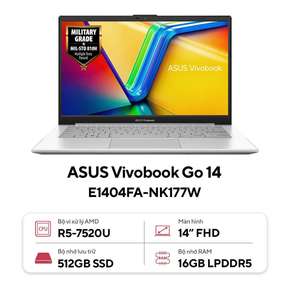 Laptop Asus Vivobook Go 14 E1404FA-NK177W (Ryzen 5 7520U | 16GB | 512GB | 14 inch FHD | AMD Radeon Graphics | Win 11 | Bạc) 1 Laptop Asus Vivobook Go 14 E1404FA-NK177W (Ryzen 5 7520U | 16GB | 512GB | 14 inch FHD | AMD Radeon Graphics | Win 11 | Bạc)