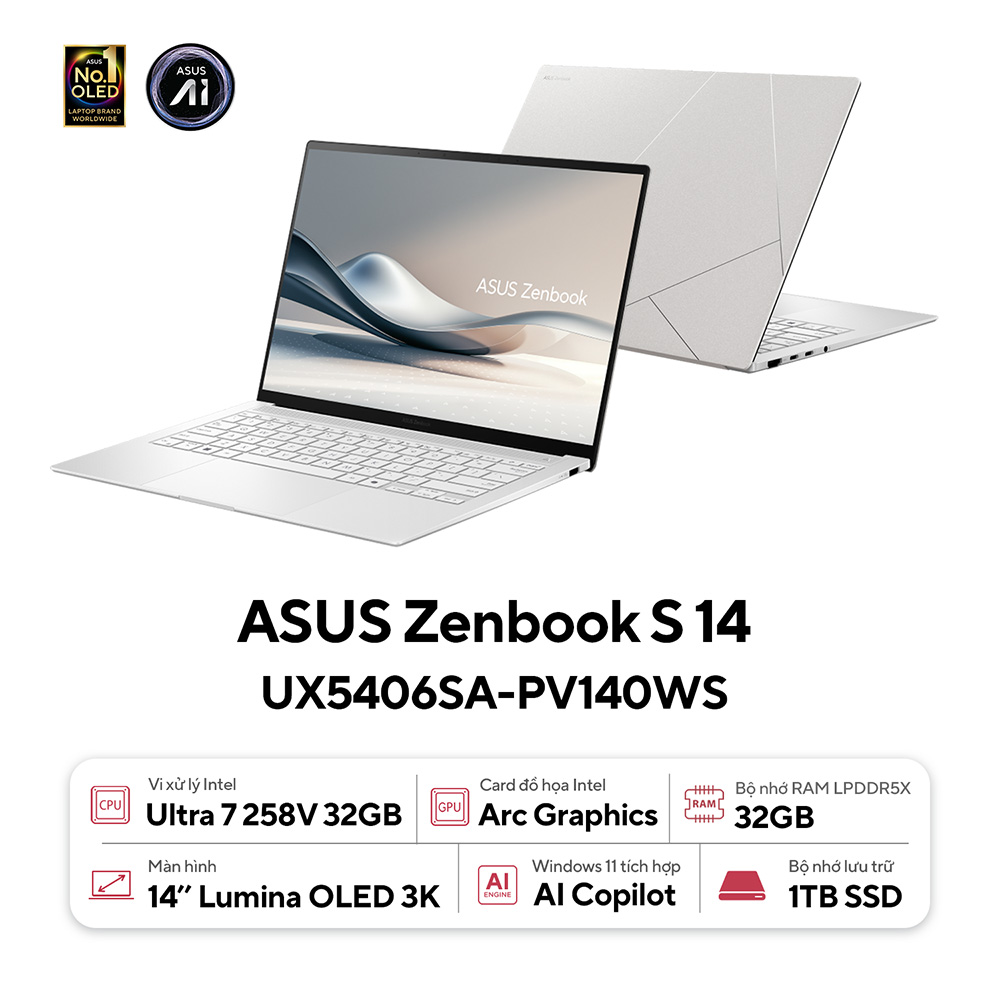 Laptop Asus Zenbook S 14 OLED UX5406SA-PV140WS (Intel Core Ultra 7 Processor 258V | 14 inch 3K OLED | Intel Arc | 32GB | 1TB | Win 11 | Office |Trắng) - Ảnh 2