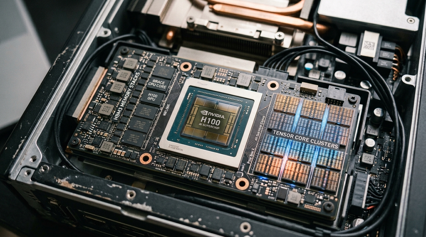 Ảnh cận cảnh các thành phần nội bộ phức tạp của kiến trúc siêu chip AI mạnh mẽ, với bảng mạch tương lai, lõi Tensor phát sáng và các linh kiện GPU/CPU tiên tiến, cho thấy kỹ thuật tinh vi của một siêu máy tính AI để bàn.