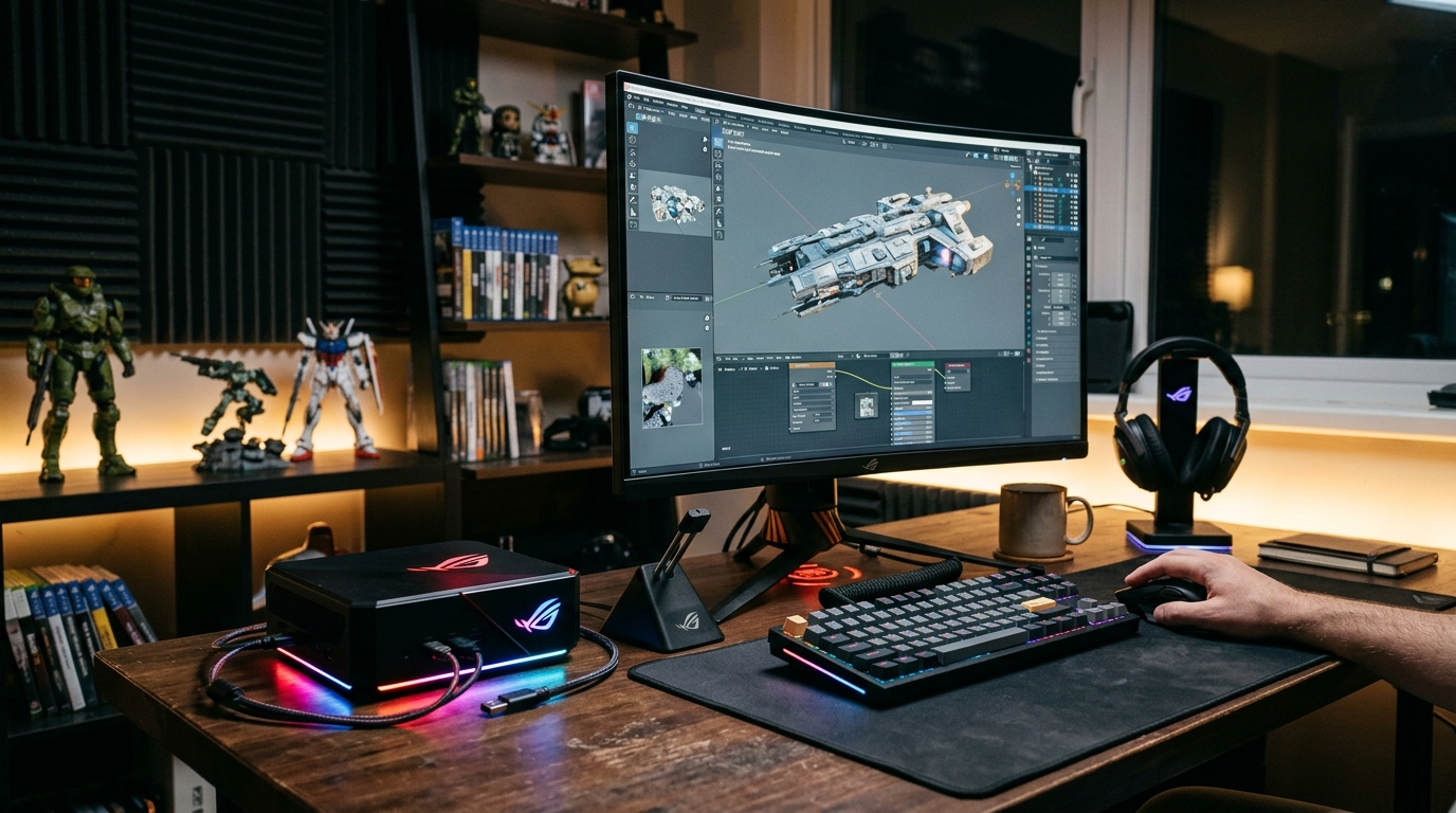 Máy tính Asus NUC ROG mạnh mẽ với ánh sáng RGB dịu nhẹ trên bàn làm việc hoặc chơi game, kèm màn hình hiển thị phần mềm đồ họa 3D hoặc game và bàn phím chuột cơ gần đó. Máy tính Asus NUC ROG mạnh mẽ với ánh sáng RGB dịu nhẹ trên bàn làm việc hoặc chơi game, kèm màn hình hiển thị phần mềm đồ họa 3D hoặc game và bàn phím chuột cơ gần đó.