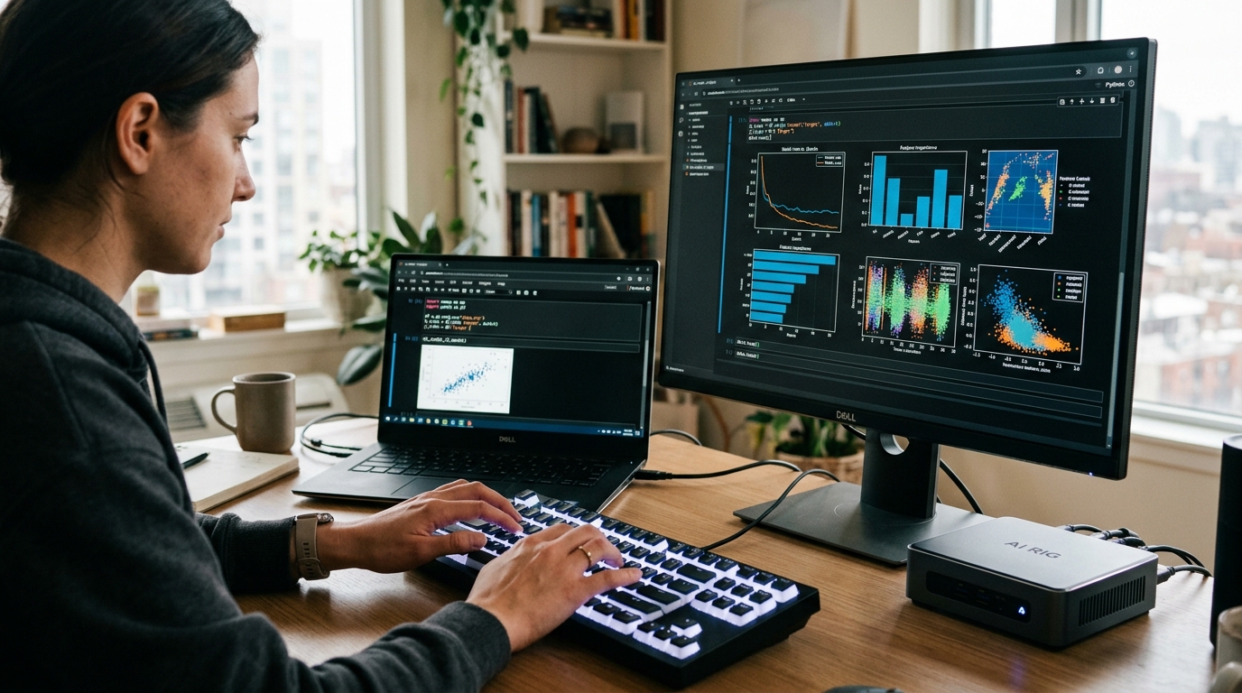 Tay một kỹ sư hoặc nhà khoa học dữ liệu đang gõ bàn phím có đèn nền, với mã Python, biểu đồ dữ liệu và giao diện Jupyter notebook hiển thị trên màn hình laptop và màn hình lớn, trong không gian làm việc hiện đại có một máy tính AI để bàn.