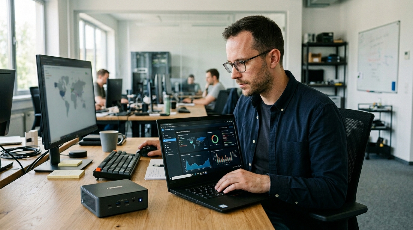 Quản trị viên IT chuyên nghiệp ngồi tại bàn làm việc gọn gàng, tập trung vào màn hình laptop hiển thị giao diện quản lý mạng, bên cạnh là một PC mini ASUS NUC 13 Pro, thể hiện khả năng quản lý từ xa và bảo mật mạnh mẽ cho môi trường doanh nghiệp.