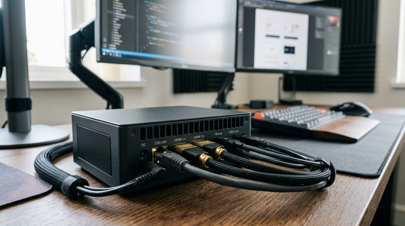 Hình ảnh cận cảnh các cổng kết nối phía sau của ASUS NUC 13 Pro với nhiều cáp HDMI 2.1, Thunderbolt 4 và Ethernet được cắm gọn gàng dẫn đến các màn hình và thiết bị ngoại vi trên bàn làm việc chuyên nghiệp, thể hiện tùy chọn kết nối mở rộng.