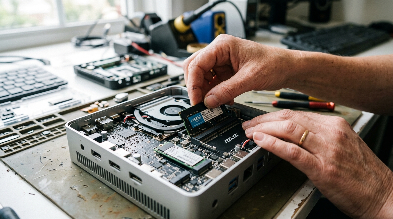 Một bàn tay đang cẩn thận lắp thanh RAM vào khe cắm bên trong vỏ của Máy Tính Asus NUC đang mở, cho thấy các linh kiện nội bộ phức tạp và khả năng nâng cấp dễ dàng. Một bàn tay đang cẩn thận lắp thanh RAM vào khe cắm bên trong vỏ của Máy Tính Asus NUC đang mở, cho thấy các linh kiện nội bộ phức tạp và khả năng nâng cấp dễ dàng.