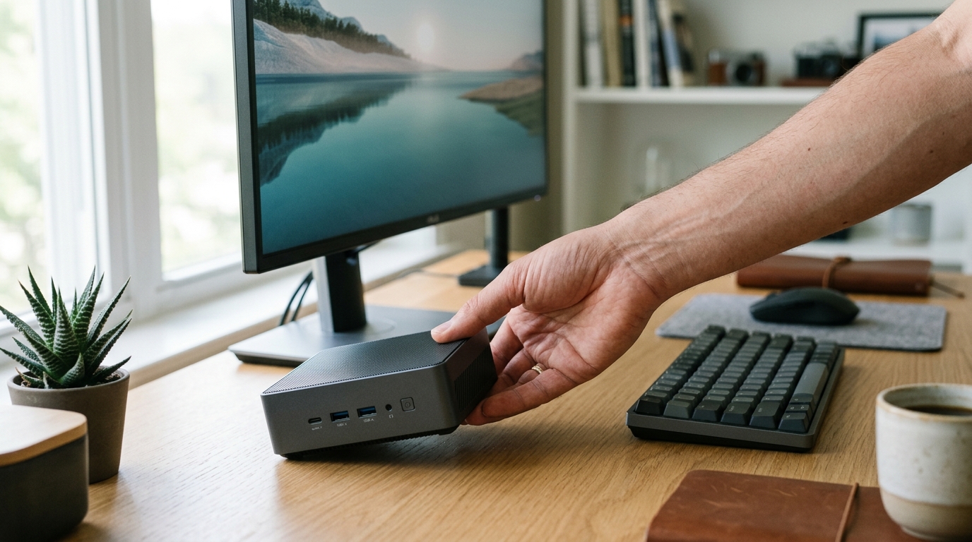 Một bàn tay đang nhẹ nhàng đặt Bộ Mini PC AI Asus Ascent GX10 siêu nhỏ gọn lên bàn làm việc hiện đại bên cạnh màn hình lớn, thể hiện sự tích hợp liền mạch vào không gian chuyên nghiệp.