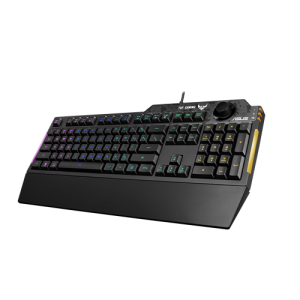 Bàn phím ASUS TUF Gaming K1 RGB với núm chỉnh âm lượng chuyên dụng, chống thấm nước, thanh đèn cạnh bên và Armoury Crate
