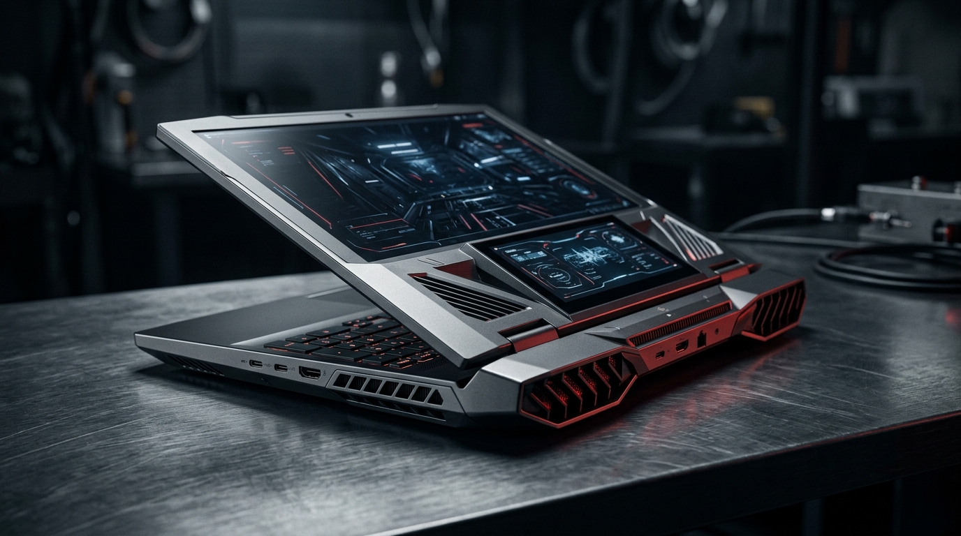 ASUS ROG Zephyrus DUO 2026 laptop đa màn hình cao cấp màu kim loại tối, đường nét mạnh mẽ, ánh sáng đỏ huyền ảo từ khe tản...