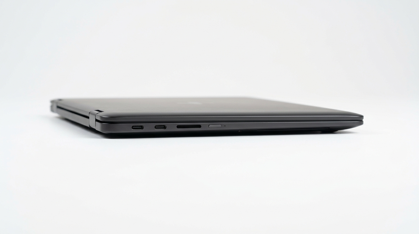 ASUS ROG Zephyrus DUO 2026 đóng, vỏ nhôm tối màu siêu mỏng, chụp góc ngang