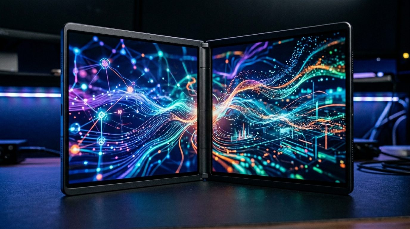Close-up ASUS ROG Zephyrus DUO 2026 hiển thị màn hình kép rực rỡ với hoa văn ánh sáng động giả lập môi trường game tương lai.