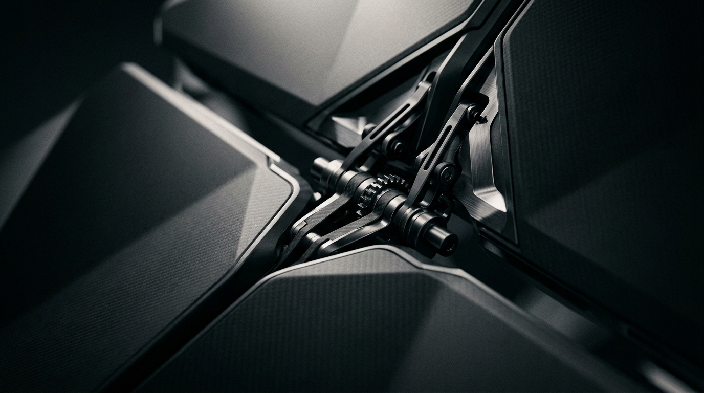 ASUS ROG Zephyrus DUO 2026's futuristic hinge mechanism and dark metallic lines, tight abstract shot with sculptural lighting