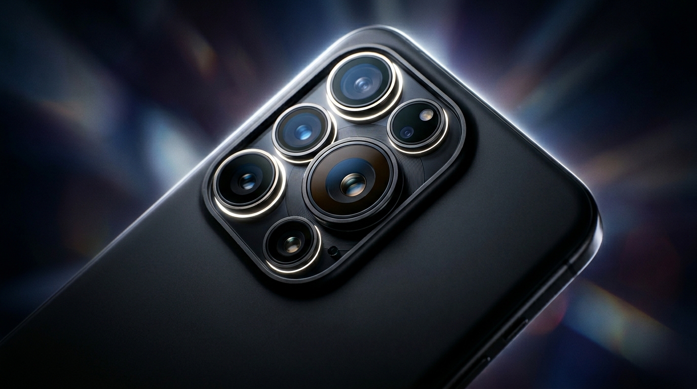 Close-up camera module of an iPhone 16 Pro Max, iPhone 17 Pro dark premium smartphone, showcasing precision metal and sapp... Close-up camera module of an iPhone 16 Pro Max, iPhone 17 Pro dark premium smartphone, showcasing precision metal and sapp...