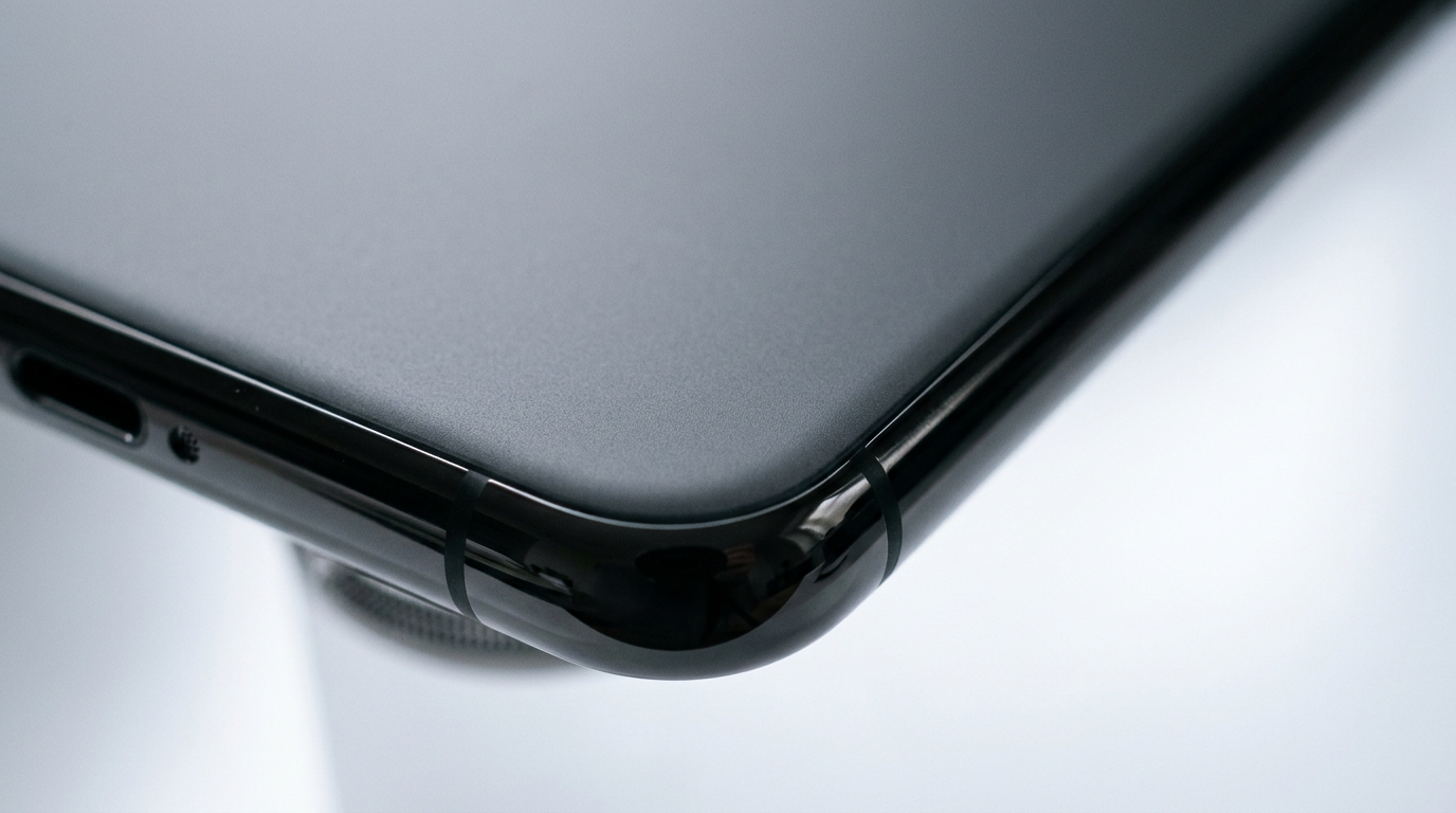 Artistic close-up of a dark-toned premium mobile device, possibly iPhone 16 Pro Max, iPhone 17 Pro, highlighting its curve... Artistic close-up of a dark-toned premium mobile device, possibly iPhone 16 Pro Max, iPhone 17 Pro, highlighting its curve...