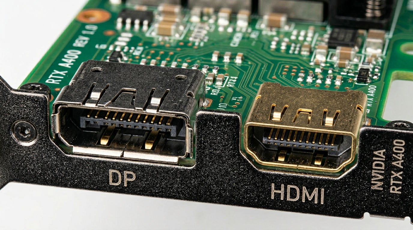 Góc macro cổng DisplayPort, HDMI VGA Leadtek RTX A400 4GB.