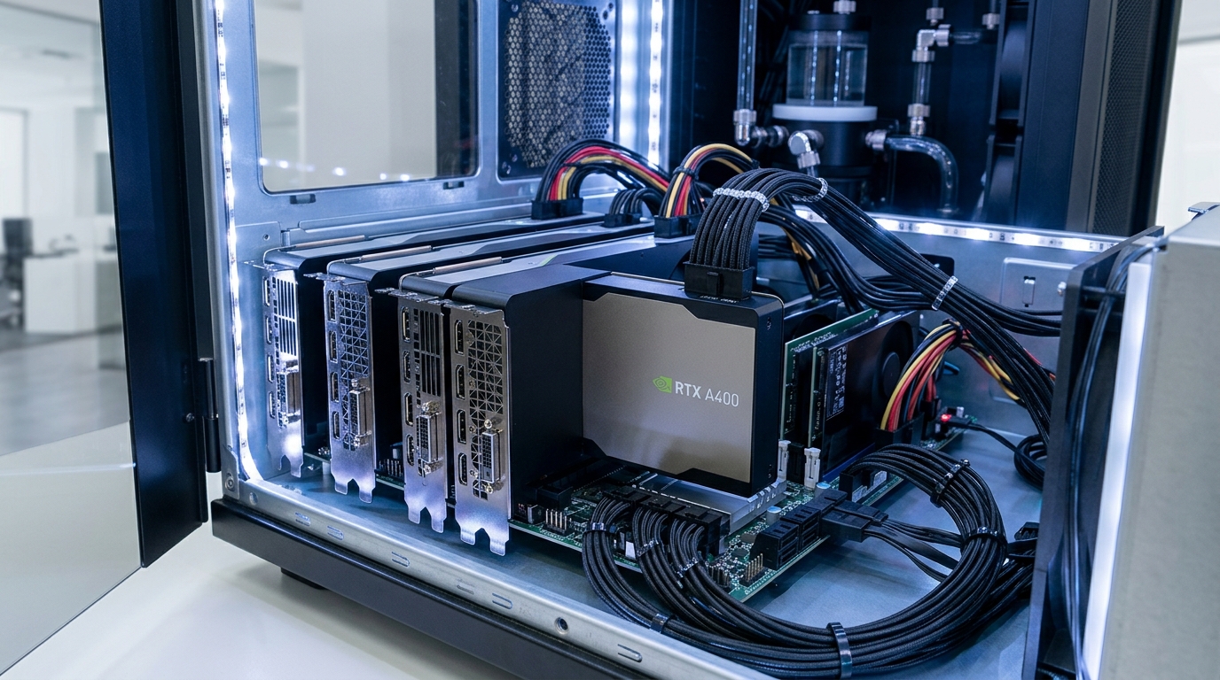 Góc nhìn hơi cao: VGA Leadtek RTX A400 4GB trong thiết lập đa GPU máy trạm.