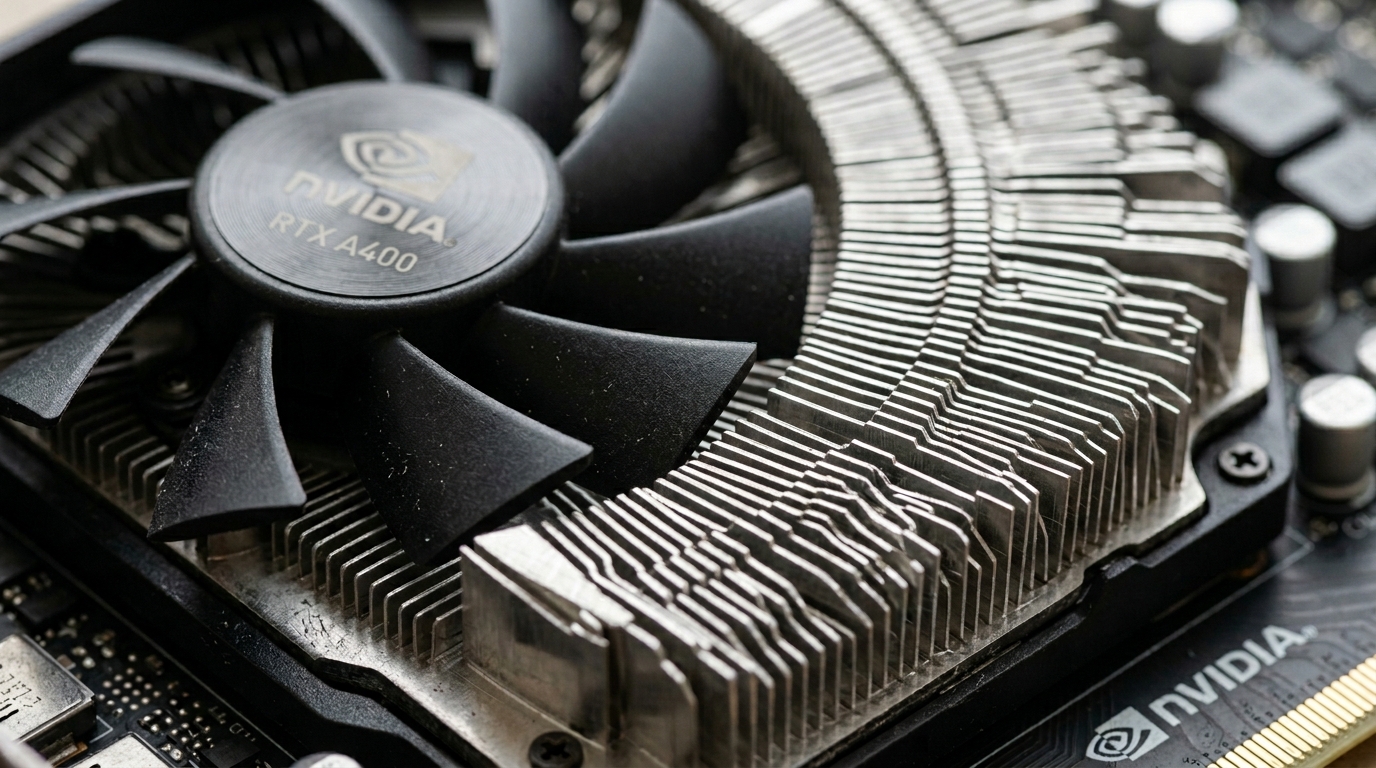 Cận cảnh cánh quạt, lá tản nhiệt NVIDIA RTX A400 Desktop Workstation.